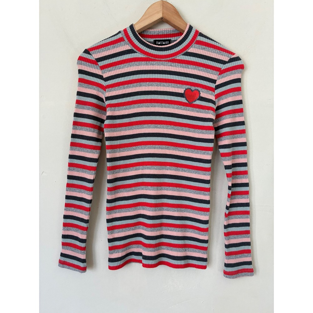 Dearstalker Ribbed Striped Heart Patch Mock Neck Long Sleeve Top Pink Red Grey S